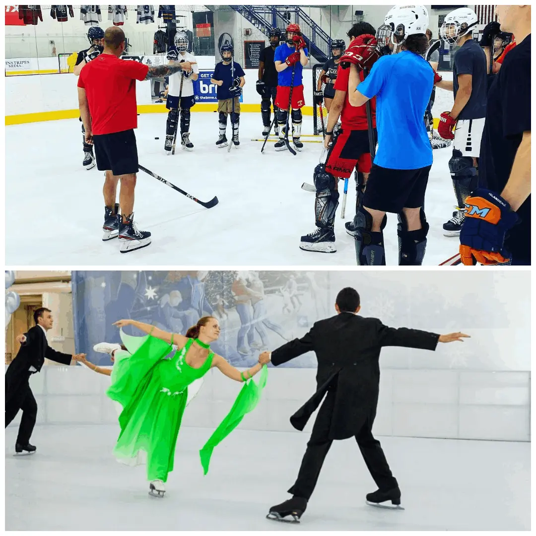 Hockey practicing on synthetic ice, figure skating on synthetic ice